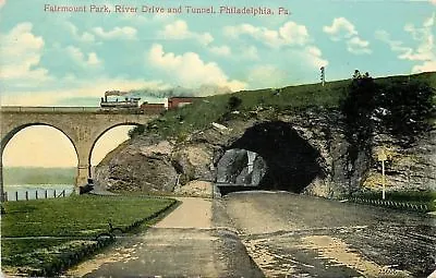 Philadelphia PA~River Drive And Tunnel Under Steam Locomotive Train~c1914 • $5
