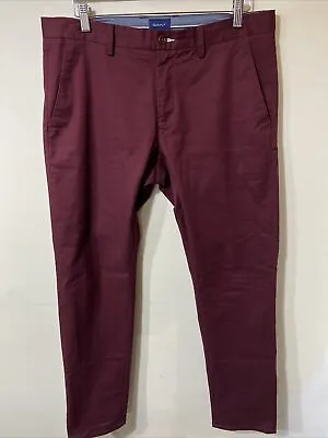 Men’s GANT Allister Twill Chino Trousers Burgundy Red Slim Fit W34 L32 Hem 7” • £29.99