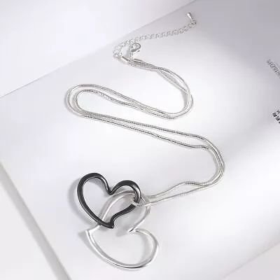 Simple Interlocking Double Love Heart Long Chains Necklace Statement Jewelry • $14.18