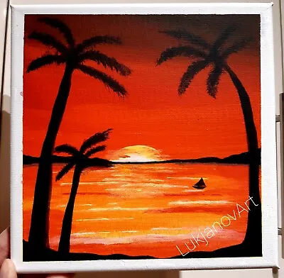 Original Sunset Art Palm Tree Silhouette - Acrylic Painting Tropical Room Decor • £29.99