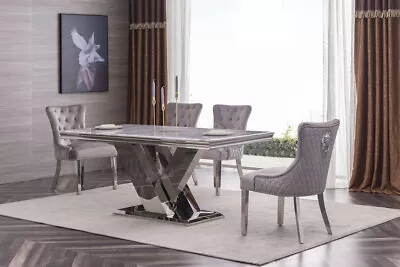 Marble 180cm Dining Table With 6 Velvet Chairs Gloss Finish Stunning Design • £799