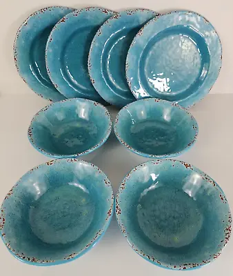 8 Pier 1 CARMELO 4 Blue/Teal Soup Bowl/4 Salad Plates Melamine Crackled Rustic • £36.89