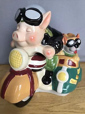 Cookie Jar With Pig On Motorcycle Dog In Side Car W/ Goggles Hand Painted - Fun • $39.50