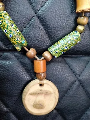 Vintage African Trading Bead W/ Mushroom Pendant Necklace • $49.99