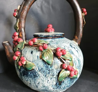 Vintage Majolica Style Teapot W/  Lid Applied Berries Leaves Cobalt Blue Glaze • $25