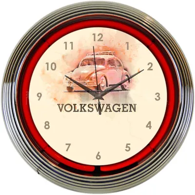 Volkswagen Beetle Licensed Red Neon Hanging Wall Clock 15  Diameter 8VWBUG • $89.99