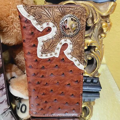 Texas Mens Wallet Western Bifold Check Book Style  Ostrich Brown • $27