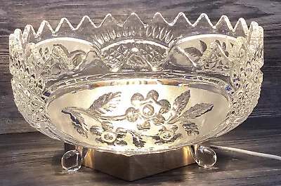 Vintage 70s Zajecar Lead Crystal Large Frosted Etch Flower Foot Bowl Yugoslavia • $57.87