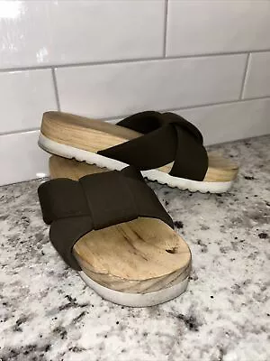 ZARA Basic Collection 39 WOOD Rubber SANDALS Brown Bow Shoes Made In Spain • $15