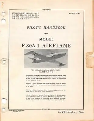 1946 Aaf P-80a-1 Shooting Star Jet Fighter Pilot Flight Manual Aircraft Handbook • $29.99