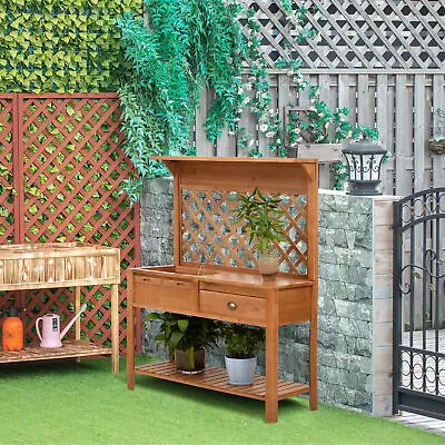 Garden Potting Bench Table Outdoor Wooden Workstation W/ Metal Screen Drawer • $227.99