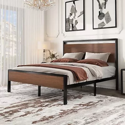 Platform Bed Frame With Rustic Headboard And Strong Metal Slat Support • $165.99