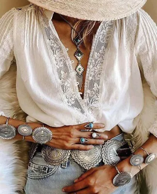 M New White Lace Long Sleeve Gypsy Boho Blouse Vtg 70s Insp Top Womens MEDIUM • $64.50