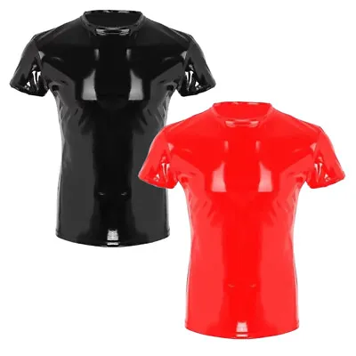 Men Shiny PVC Leather Short Sleeve T-Shirts Wet Look Latex Short Sleeve Shirts • £21.55