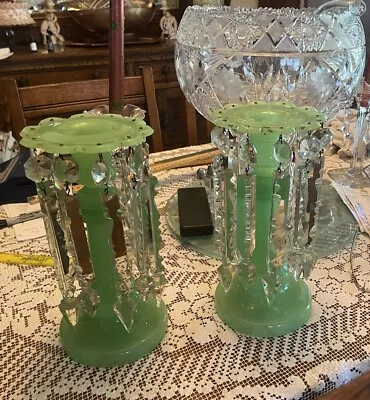 Antique Pair (2) Green Opalescence Uranium Glass Mantle Lusters Vaseline • $700