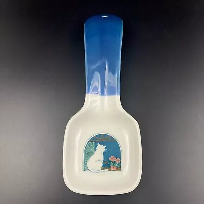 EUC Vintage Otagiri Spoon Rest Cat In Window Blue White Ceramic • $13.88