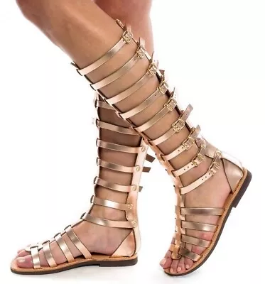 Women Strappy Beach Flat Shoes Cut Buckle Boots Roma Knee High Gladiator Sandals • $35.22