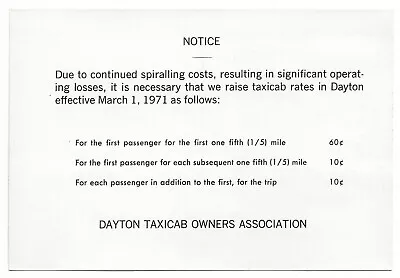 Taxicab Meter Rate Notice Vintage Decal Sticker 1971 Ephemera Unused Dayton Ohio • $4.95