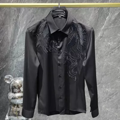 Fashion Trend Men Luxury Wing Embroidered Long Sleeve Black White Slim Fit Shirt • $71.90