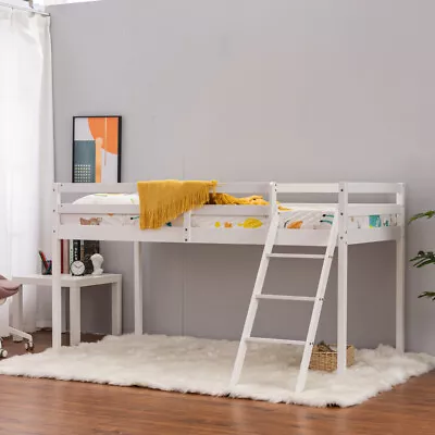 White Kid Bunk Bed Mid Sleeper With Ladder 3FT Single Bed Frame Wooden Cabin Bed • £135.99