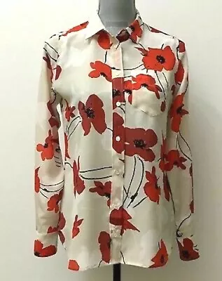  New NWT J Crew Classic-fit Boy Shirt 100% Silk Poppy Print Red White  Sz 00 0  • $34.99