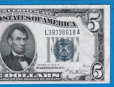 1934 B $5 Silver Certificate *Rare* Vinson NoteBlue SealCirc Crisp VFNice! • $7.50