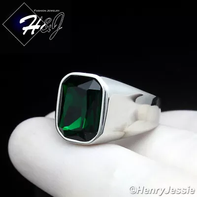 MEN's Stainless Steel 3D Rectangle Green Gemstone Silver Ring Size 7-12*R151 • $16.99