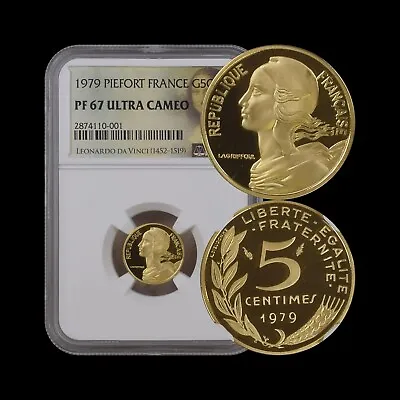 FRANCE. 1979 5 Centimes Gold - NGC PF67 - RARE Piéfort • $1270.74