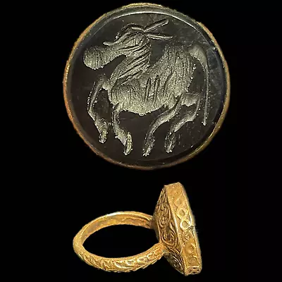 Ancient Roman Brass Ring With Agate Black Stone Intaglio Seal (1) • £3.20