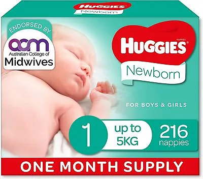 $85 • Buy Huggies Newborn Nappies Size 1 (up To 5kg) 1 Month Supply 216 Count