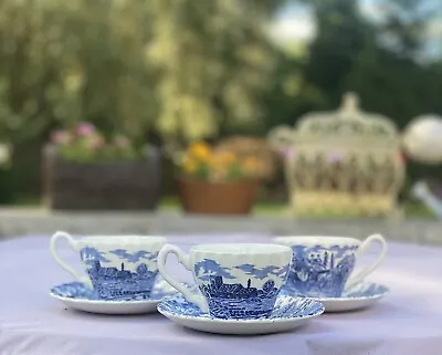 Vintage Set Of 3 Staffordshire MYOTT Royal Mail Blue & White Tea Cups & Saucers • $29.99