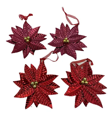 Set Of 4 Vintage Metal Tin Christmas Poinsettia Ornaments Pink And Red 5.5  • $19.97