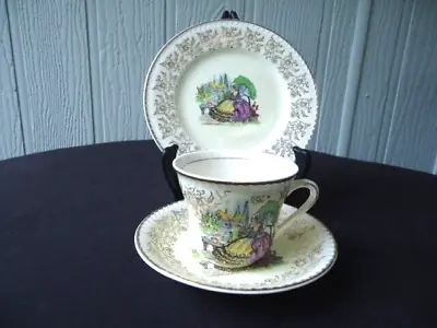 Vintage Portland Pottery Cobridge Crinoline Lady Trio Tea Cup & Saucer Plate Set • $34.99