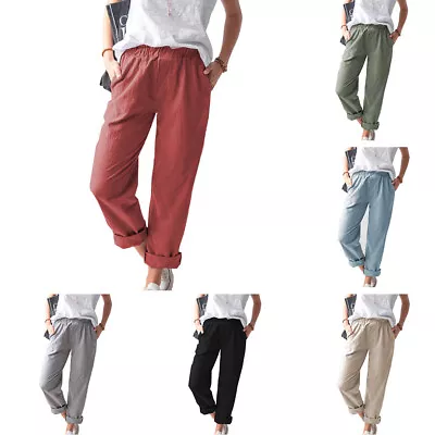 Ladies Plus Size Cotton Linen Casual Long Pants Womens Solid Straight Trousers • £17.39