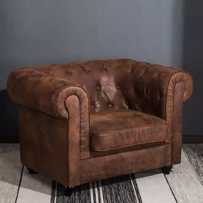 Distressed Tan Leather Fabric Chesterfield Armchair Button Tub Chair Club Chair • £369.95