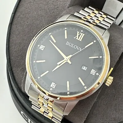 Bulova Mens Quartz Gold Tone Case Two Tone Black Dial With Diamonds Watch 98X125 • $180.59