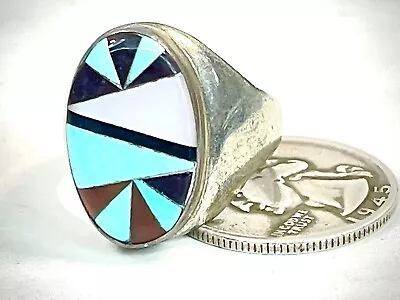 Sterling Silver Turquoise MOP Coral Onyx Geometric Ring Sz 10.5 21mm Old Pawn AZ • $83.97