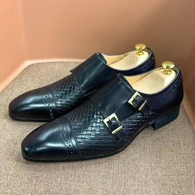 Bespoke Dress Shoes  Black Leather Toe Cap Double Monk Strap Dress Shoes • $189.99