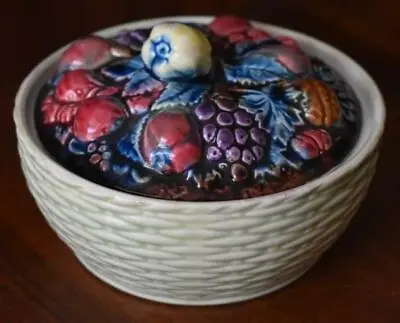 Lovely Vintage Multi Colored Majolica Fruit Basket Motif Covered Butter Dish • $31.99
