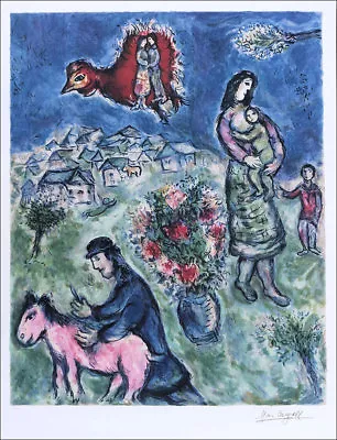 Marc CHAGALL Sur La Route Facsimile Signed Offset Litho Print 24-1/2 X 30 • $59.99