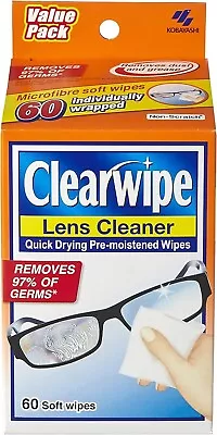 ClearWipe Lens Cleaner Alcohol Pre Moist Glasses Cleaning Wipe 60 Count Au| • $9.92