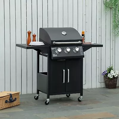 Outdoor 3 Burner Gas Grill BBQ Trolley W/ Warming Rack Side Shelf Black • $198.99