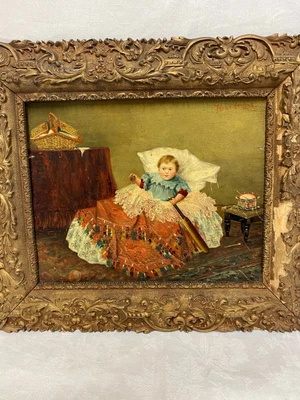 £150 • Buy Antique Victorian English Naive Oil Painting Baby Boy With Toys In Nursery