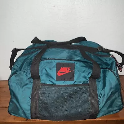 VTG 80s Nike Duffle Gym Bag Green Travel White Tag 21x11x11 Swoosh READ Shoulder • $14.99