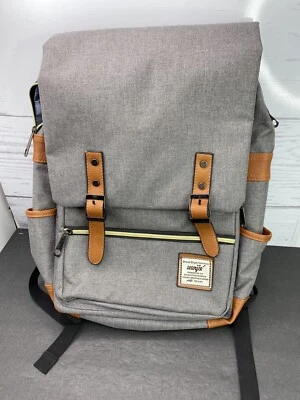 $15.99 • Buy Vintage Wenjie Gray Canvas Brown Trim Laptop Rucksack 18 Backpack Travel/School 