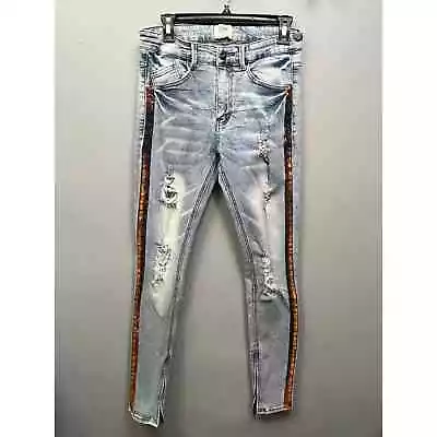 KDNK Skinny Jeans Mens 30x33 Gold Stripe-zipper Ankles Distressed Light Wash • $38.99
