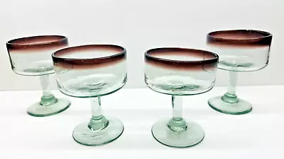Vintage Set Of 4 Hand Blown Purple Rim Mexican Glass Margarita Glasses 4.75  • $45