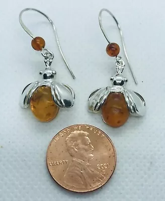 Vintage Silver Amber Bumble Bee Shepherds Hook Dangle Earrings • $38