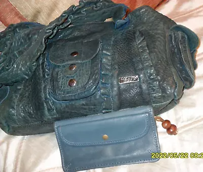 $59.99 • Buy Lot Of 2 Treesje Dark Bl Green Leather Shouler Bag Handbag Purse Tote & Wallet