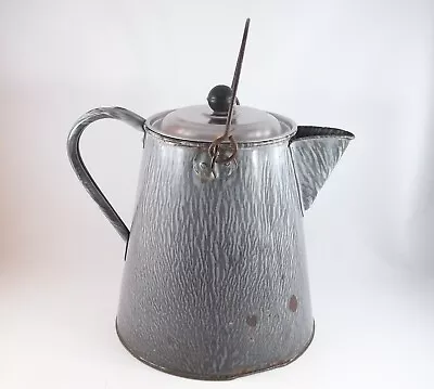 Vintage Gray Enamelware Graniteware Cowboy Coffee Pot With Bail Handle • $18